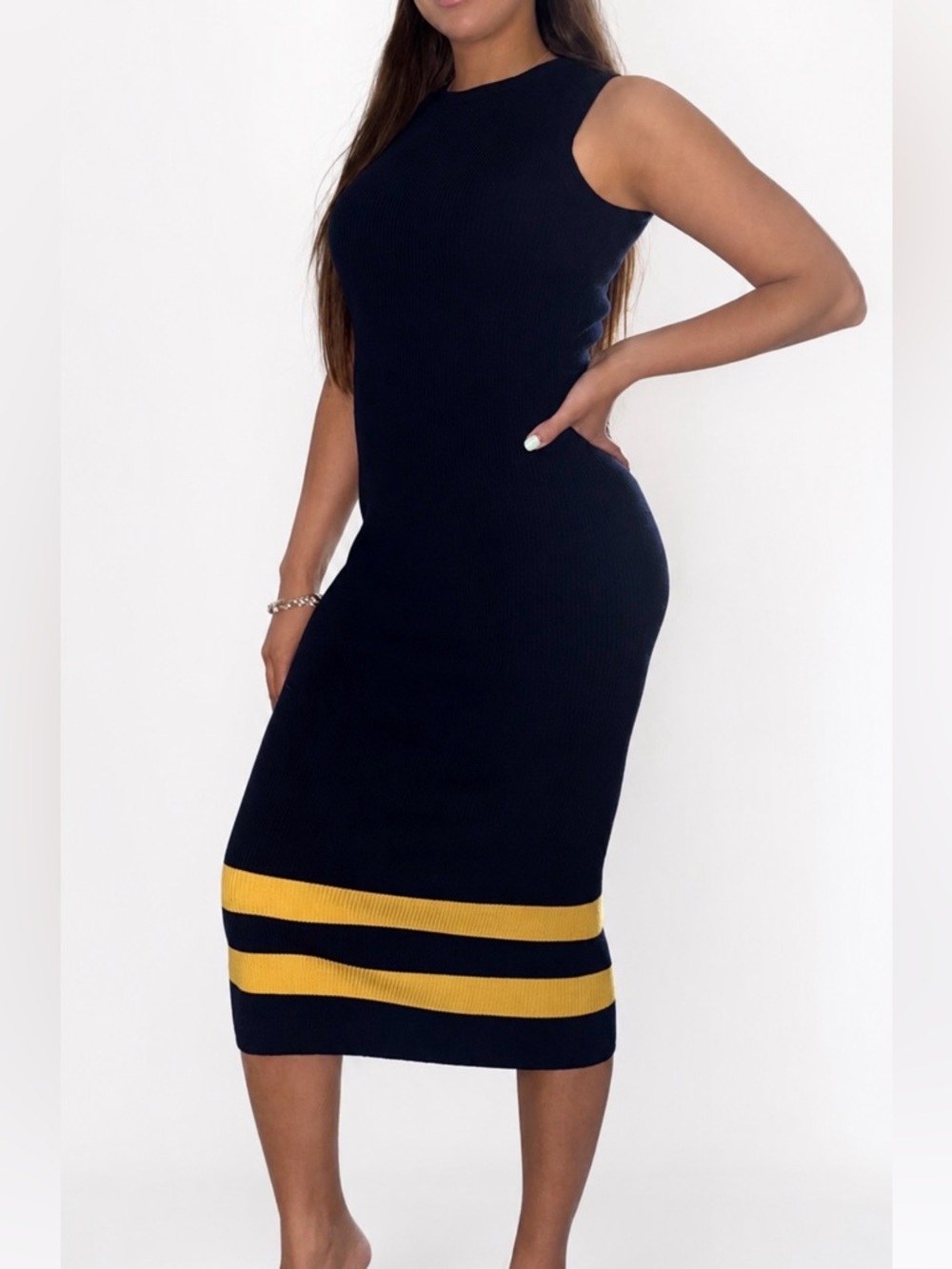 Ralph Lauren Ribbed Navy Knit Midi Dress